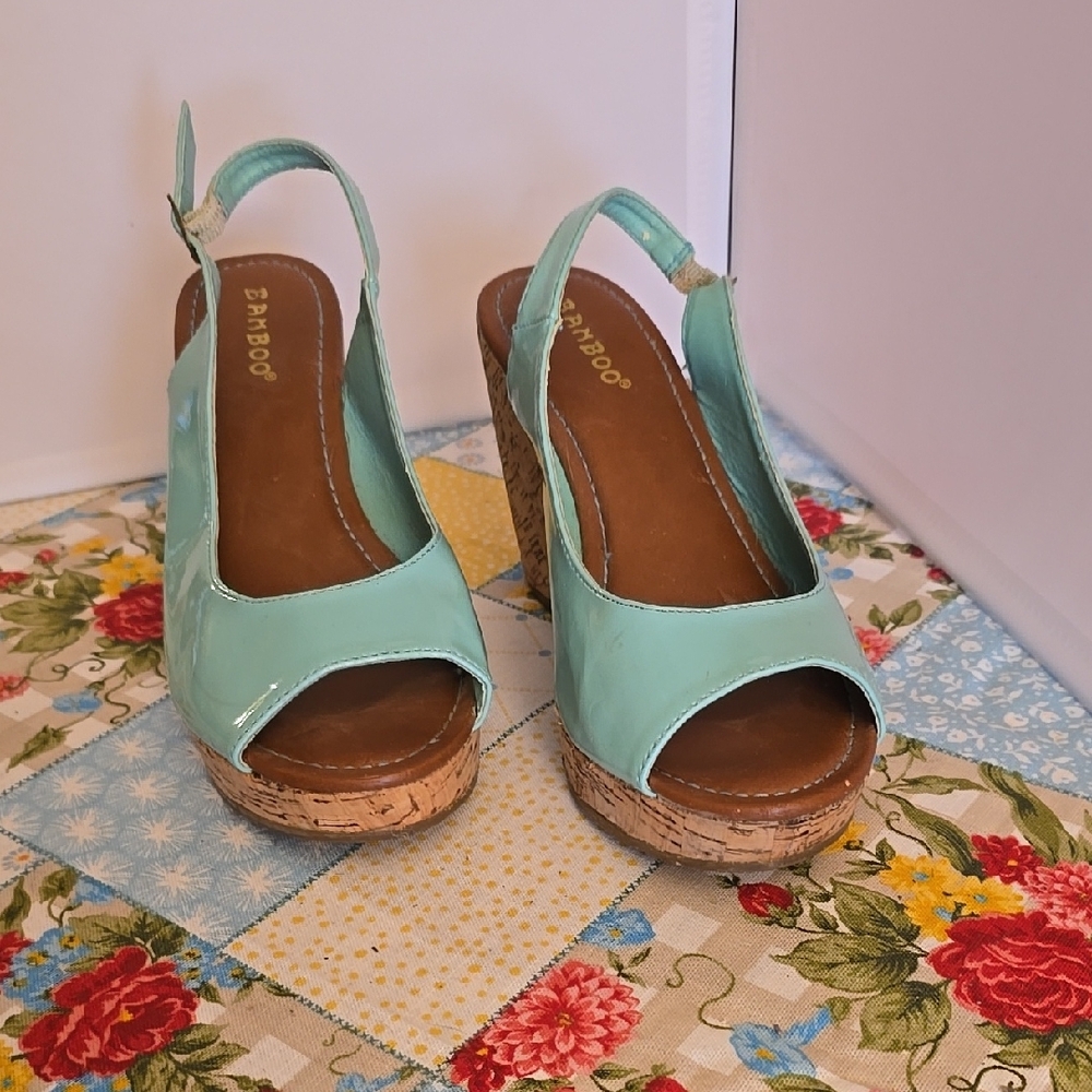 BAMBOO Blue Wedge Sandals with Peep-Toe Slingback